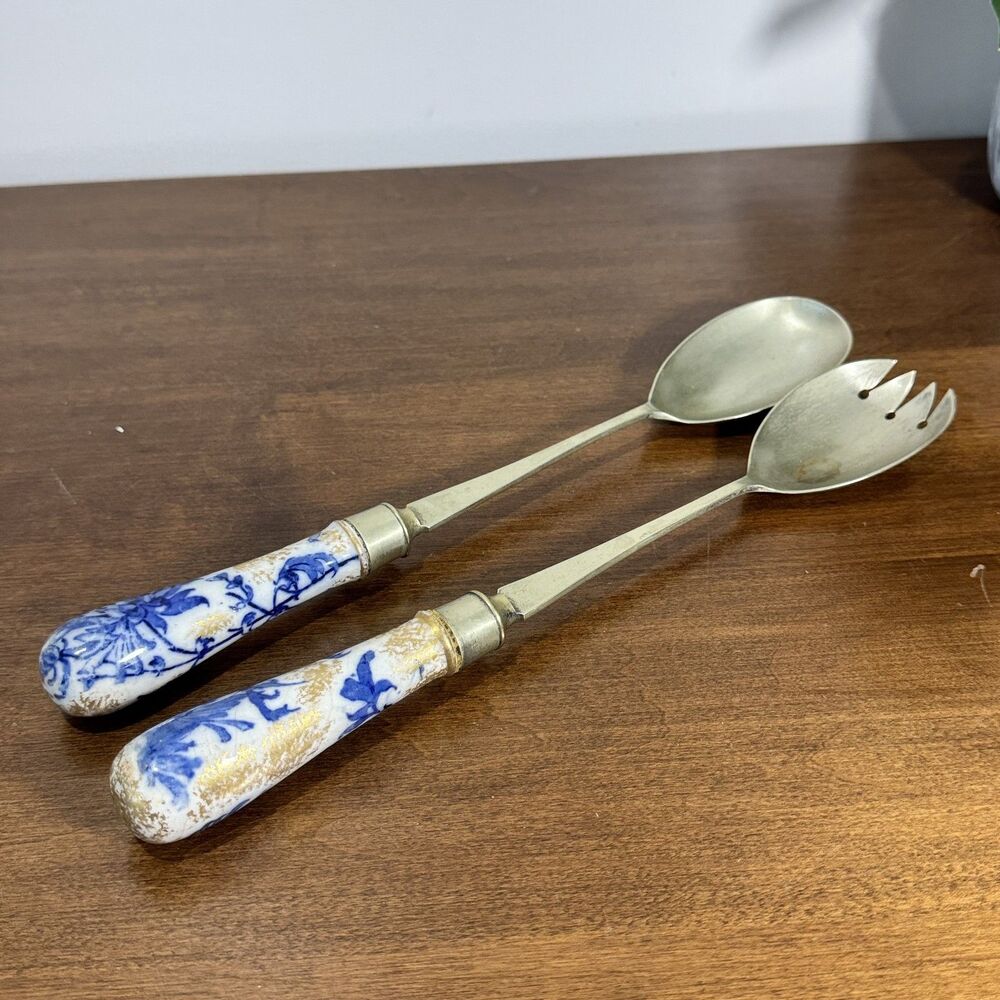 Antique HRS & Co. EPNS Blue & White Floral Porcelain Handle Salad Servers Set
